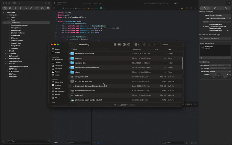 Stepping through a folder of 3MF files in Finder: space opens a 3D preview of the selected model, and it swaps straight to the next one