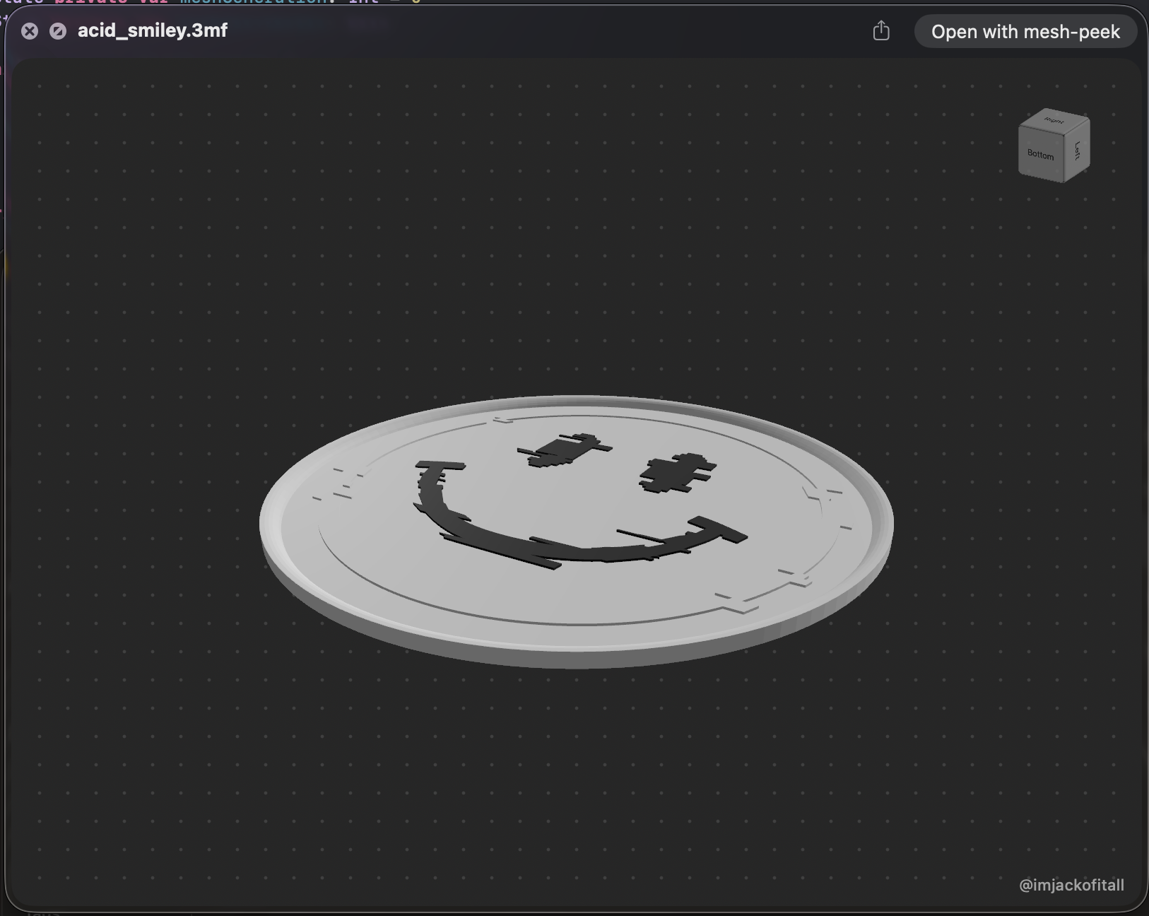 Pressing space on acid_smiley.3mf brings up the model as a 3D preview, with an Open with mesh-peek button in the corner