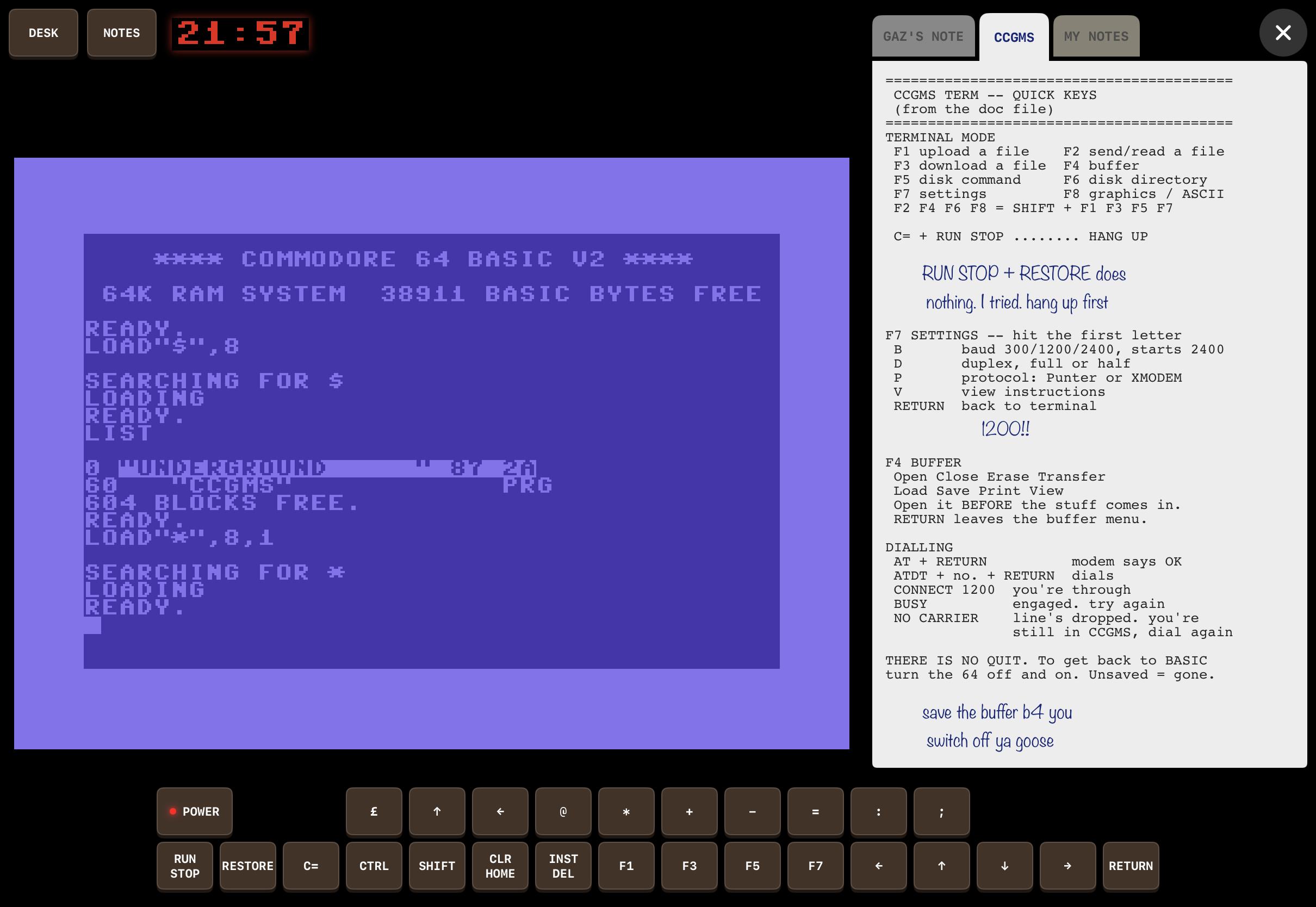 The notebook beside the C64, with Gaz's CCGMS cheat sheet